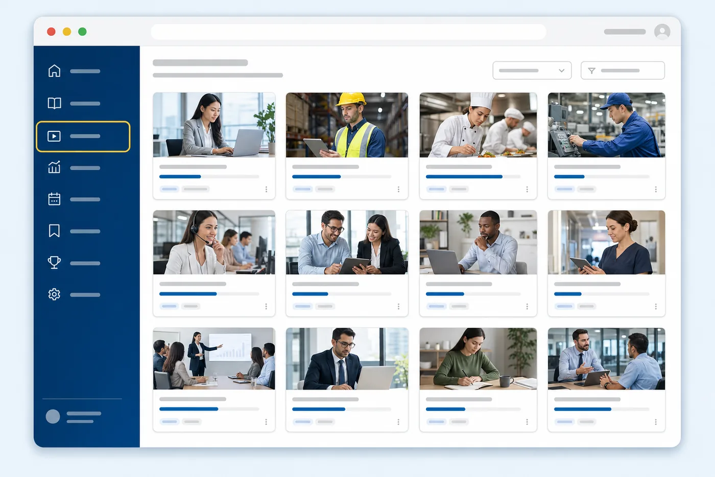 The course library in GoodSuite, with previews of the generated courses