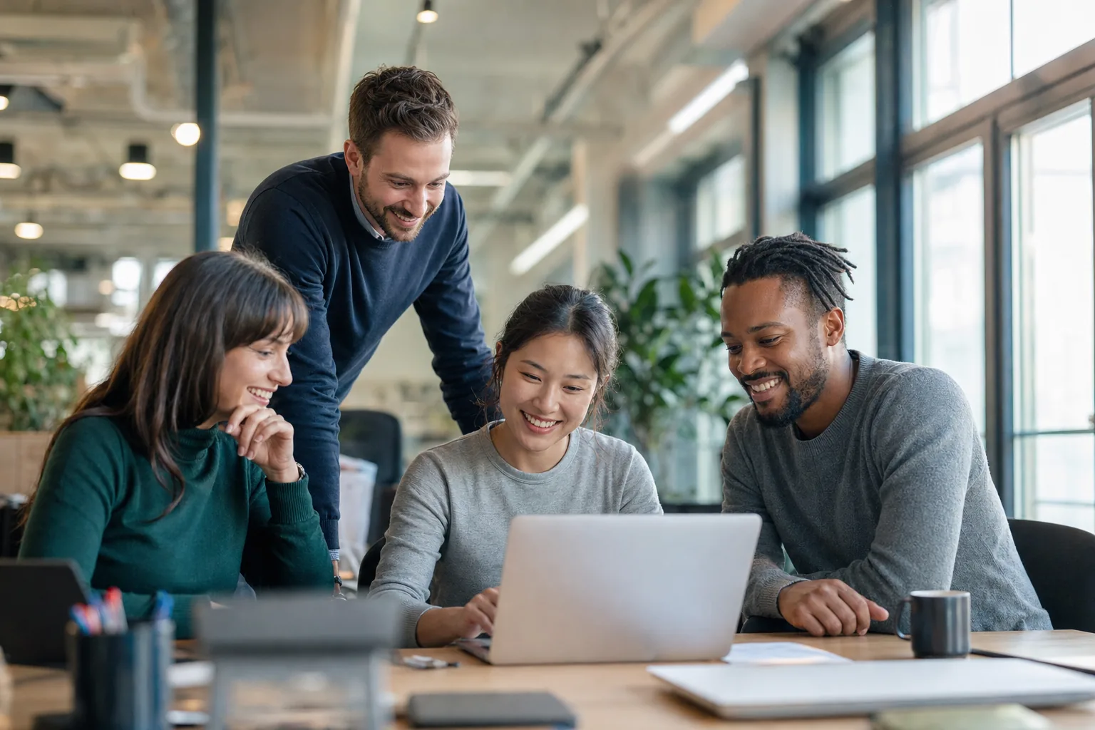 A group of colleagues smiling at a laptop in a bright office