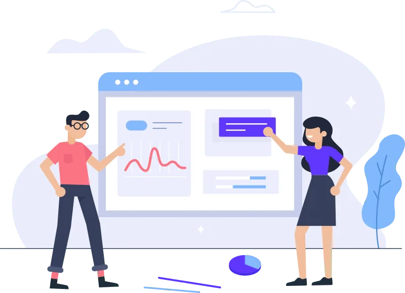 Illustration: two people looking at a dashboard with charts and reports