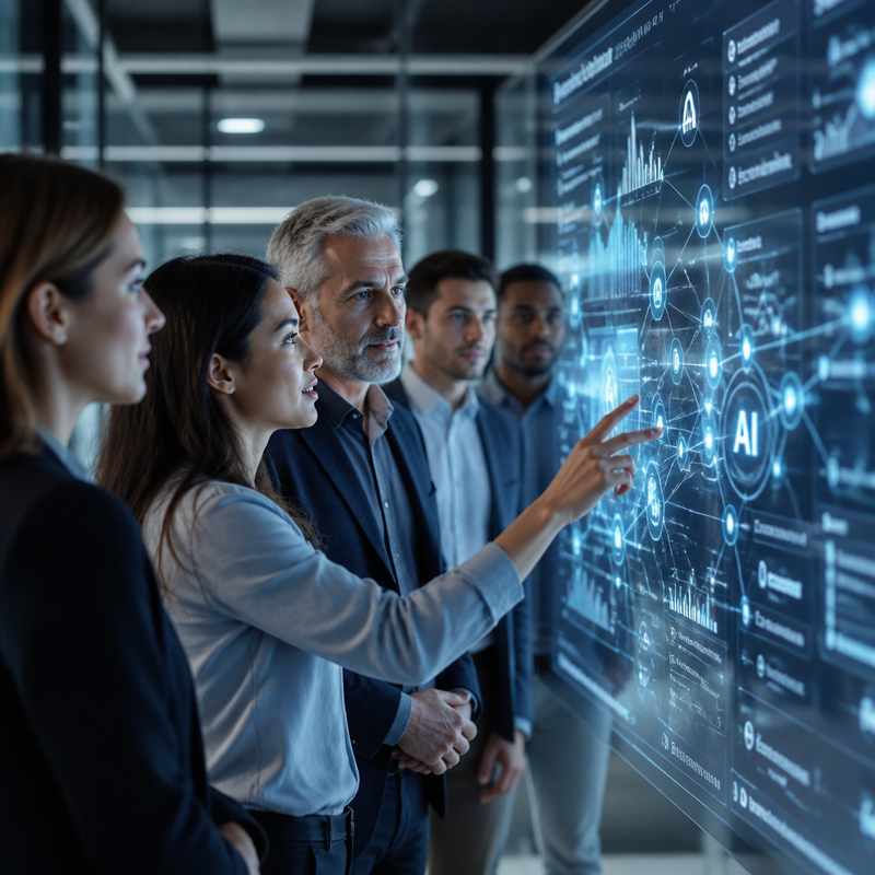 Photorealistic image of diverse business professionals, some younger, some more experienced, collaborating in a modern office. They are gathered around a sleek, interactive screen or holographic display showing interconnected data points, knowledge graphs